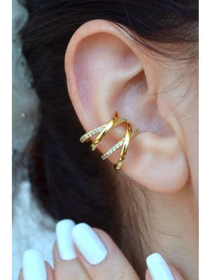 Sacce Scarves & Accessories Gold Renkli Çapraz Atmalı x Çok Sıralı Earcuff Kıkırdak Küpesi