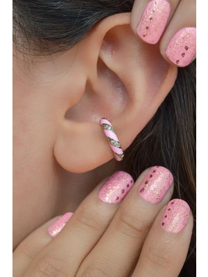 Şeker Pembe Geçişli Zirkonlu Earcuff Sıkıştımalı Kıkırdak Küpesi