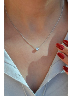 Sacce Scarves & Accessories Zirkon Tektaş Kolye Yuvarlak Tektaş Kolye Gümüş Renkli