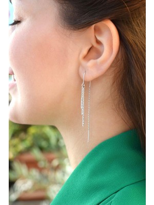 Sacce Scarves & Accessories İnce Sallantılı Zincir Küpe Geçmeli Pırıltılı Zincir Küpe Gümüş Renk