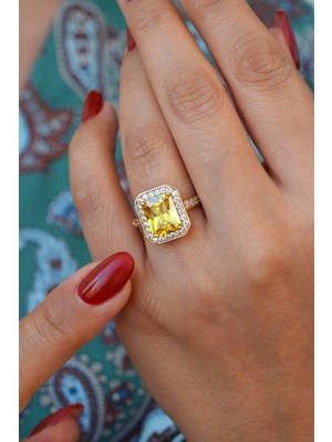 Sacce Scarves & Accessories Sarı Zirkon Dörtgen Baget Taşlı Yüzük Size 16