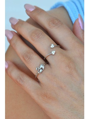 Sacce Scarves & Accessories Kuğu ve Mini Kalp Figürlü Yüzük Ayarlanabilir Eklem Yüzüğü İnce Yüzük Seti Gümüş Renk