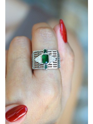 Sacce Scarves & Accessories Yeşil Taş Detaylı Geniş Yüzük Gümüş Renk Ayarlanabilir Retro Yüzük