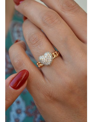 Sacce Scarves & Accessories Zirkon Taşlı Kalp Yüzük Zincir Detaylı Kalp Model Yüzük Size 18