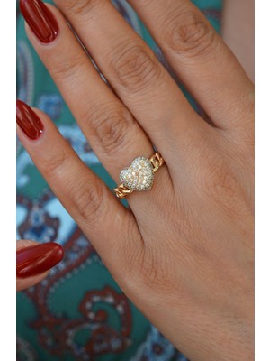 Sacce Scarves & Accessories Zirkon Taşlı Kalp Yüzük Zincir Detaylı Kalp Model Yüzük Size 16