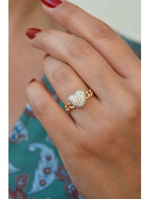 Sacce Scarves & Accessories Zirkon Taşlı Kalp Yüzük Zincir Detaylı Kalp Model Yüzük Size 17