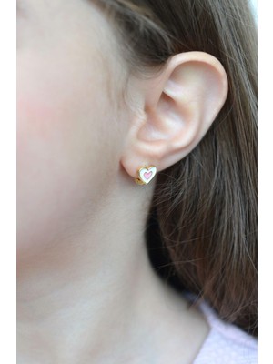 Sacce Scarves & Accessories Pembe Beyaz Kalpli Çocuk Küpesi Halka Model