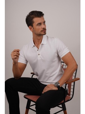 Etikmen Beyaz Yaka Desenli Erkek Polo Yaka Tişört