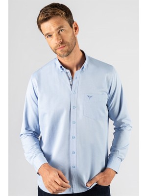Tudors Erkek Regular Fit Klasik Kesim Pamuklu Oxford Doku Tek Cepli Mavi Düğmeli Yaka Gömlek