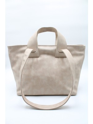 Lasso Kadın Krem Büyük Boy Astarlı Suni Deri El ve Omuz Çantası