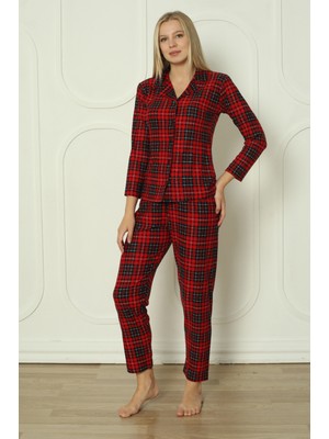 Fwn 3702 Boydan Düğmeli Soft Süet Kışlık Kareli Kadın Pijama Takımı
