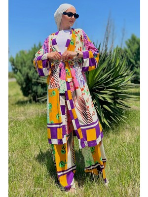 Julude Çiçek Desen Kimono Pantol Ikili Tesettür Takım