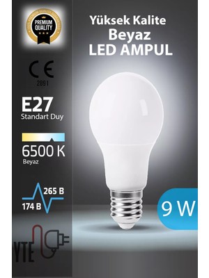 YTE 6500 K E 27 Beyaz LED Ampul 9 W Yüksek Kalite Göz Yormayan Ampul