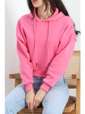 3 Iplik Kapşonlu Crop Sweat Pembe - 20959.1878.