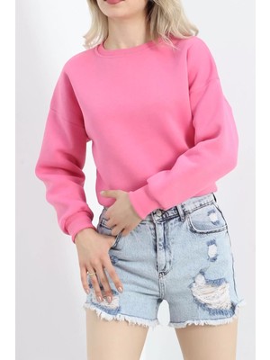 Bisiklet Yaka 3 Iplik Crop Sweat Pembe - 20968.1878.