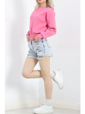 Bisiklet Yaka 3 Iplik Crop Sweat Pembe - 20968.1878.