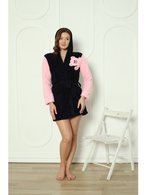 Fwn 3609 Kapüşonlu Welsoft Peluş Yumoş Panda Nakışlı Kadın Sabahlık