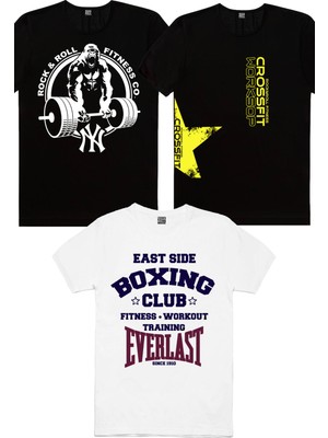 Rock&Roll Crossfit Yıldız Siyah, Gorilla Gym, Boks Kulübü Beyaz Erkek Tişört 3'lü Eko Paket