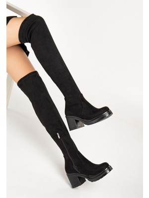Marjinaltrendim Efe 767-3010 Siyah Süet Streç Günlük Kalın Topuklu Kadın Çizme