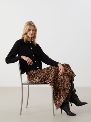 Lcw Modest Kahverengi Standart Fit Leopar Desenli Saten Kadın Etek