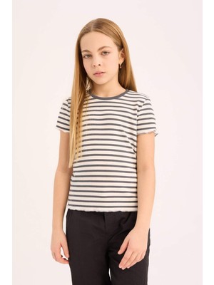 DeFacto Kız Çocuk Slim Fit Dar Kesim Bisiklet Yaka Çizgili Fitilli Kaşkorse Kısa Kollu Tişört B6692A825SM