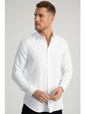 Tudors Slim Fit Uzun Kollu Armürlü Erkek Beyaz Gömlek