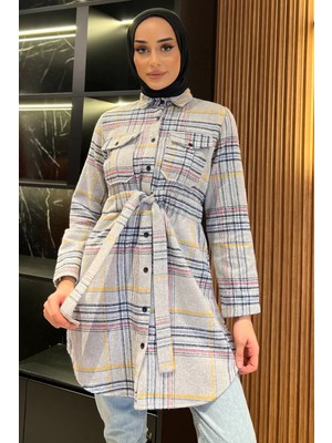 Julude Ekose Desenli Çift Cepli Tesettür Tunik