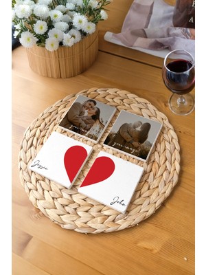 Kişiye Özel Fotoğraf Baskılı ve Isimli Doğal Taş Bardak Altlığı - 4'lü Set - Sevgililer Günü Hediyesi Romantik Hediye Tasarımı