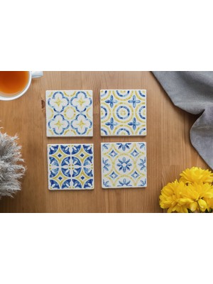 Retro Çini Desenli Dekoratif Bardak Altlığı 4'lü Set Doğal TAŞ(10X10CM)