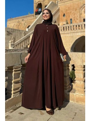 Düğme Detaylı Elbise 6028 Kahverengi