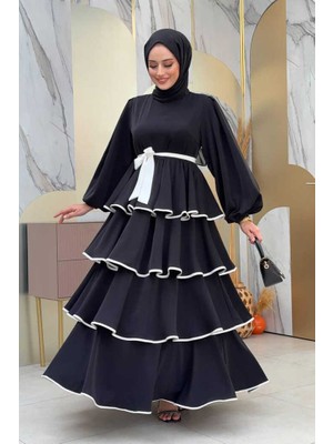 Bel Kuşaklı Kat Detay Elbise 6029 Siyah