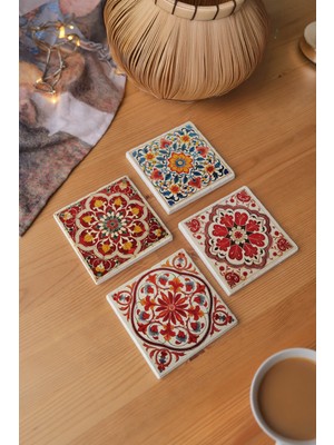 Osmanlı ve Seramik Desenli Doğal Taş Bardak Altlığı -  4'lü Set