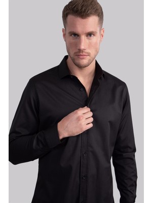Tudors Slim Fit Uzun Kollu Likralı Düz Pamuk Saten Erkek Siyah Gömlek