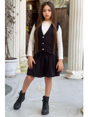 Riccotarz Kız Çocuk Balıkçı Yaka Kazak V Yaka Yelek Kemerli Pliseli Siyah Etekli Takım