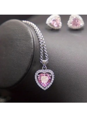 SE Jewellery Çelik Gümüş Renk Pembe Zirkon Taşlı Kalpli Kolye Küpe Ciddi Ilişki Set