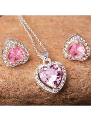 SE Jewellery Çelik Gümüş Renk Pembe Zirkon Taşlı Kalpli Kolye Küpe Ciddi Ilişki Set