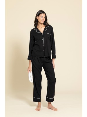 For You Moda 3'lü Organik Beyaz Biyeli Siyah Pijama Takımı