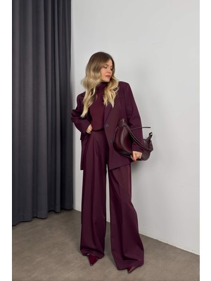 Sue Store Mürdüm Oversize Blazer Ceket Pantolon Takım