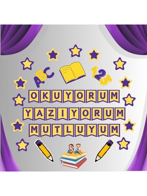 Okuyorum Yazıyorum Mutluyum Mor Sarı Pano Süsü Pano Süsü