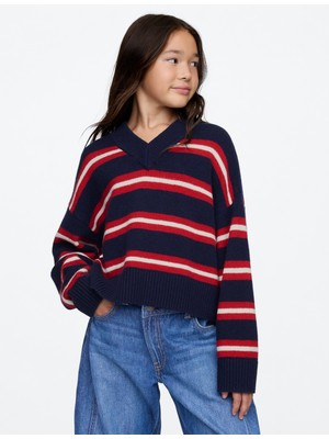 Kız Çocuk Lacivert Cashsoft Oversize V Yaka Kazak