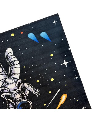 Ecosia Çocuk Odası Halısı Astronot Uzak Desenli Siyah Dijital Baskı Kaymaz Makinede Yıkanabilir Oyun Halı