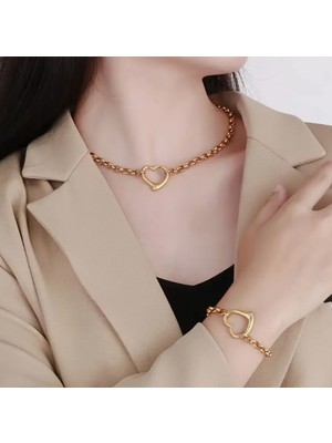 SE Jewellery 22 Ayar Gold Rengi Şık Kalpli Kolye Bileklik Set