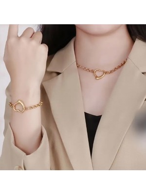 SE Jewellery 22 Ayar Gold Rengi Şık Kalpli Kolye Bileklik Set