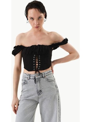 Rivus Düşük Kol Detaylı Büzgülü Büstiyer - Siyah