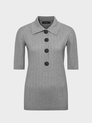 Rivus Düğmeli Yakalı Truvakar Kollu Örme Bluz - Gri