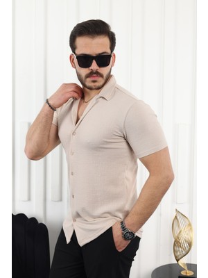 Comstar Kendinden Desenli Kısa Kol Keten Gömlek