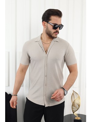 Comstar Kendinden Desenli Kısa Kol Keten Gömlek