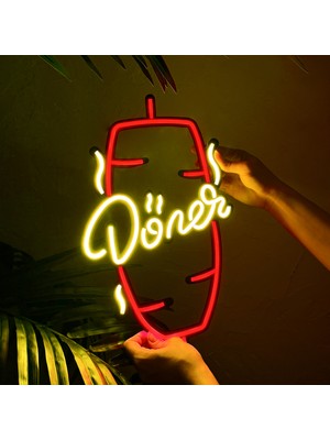 Dönerci Tabelası, Dönerci Dekorasyon - Modern & Endüstriyel Döner LED Neon Metal Duvar Dekoru - 24CM (En) x 41CM (Boy), Kırmızı - Gün Işığı