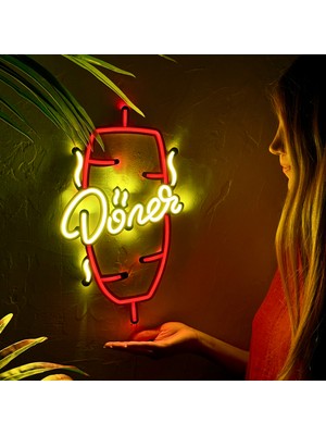 Dönerci Tabelası, Dönerci Dekorasyon - Modern & Endüstriyel Döner LED Neon Metal Duvar Dekoru - 24CM (En) x 41CM (Boy), Kırmızı - Gün Işığı