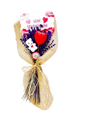 Çiçek Seli Mor Lavanta Seni Seviyorum Buketi Ayıcık Kalp Jut Ambalajında & Sevgiliye Hediye Çiçek Buketi Aşk